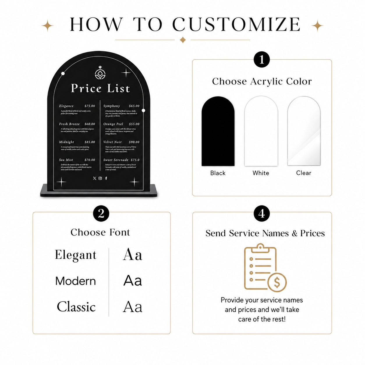 Beauty Makeup List - Custom Arch Acrylic Price List Sign